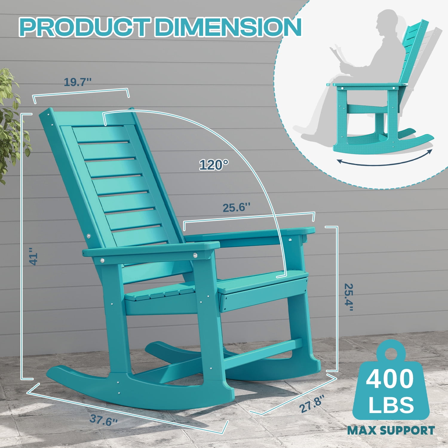 FODINGHILL Outdoor Rocking Chair Set of 4,HDPE Oversized Rocking Chair Outdoor,High Back Rocking Patio Chairs for Porch Garden Balcony,Aqua