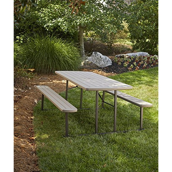 Cosco Outdoor Living 87902GRY1E 6 ft. Folding, Taupe Wood Grain with Brown Legs Picnic Table