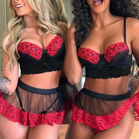

Foraging dimple Ladies Fashion Sexy Lingerie Lace Color Matching Three-Piece Underwear Red