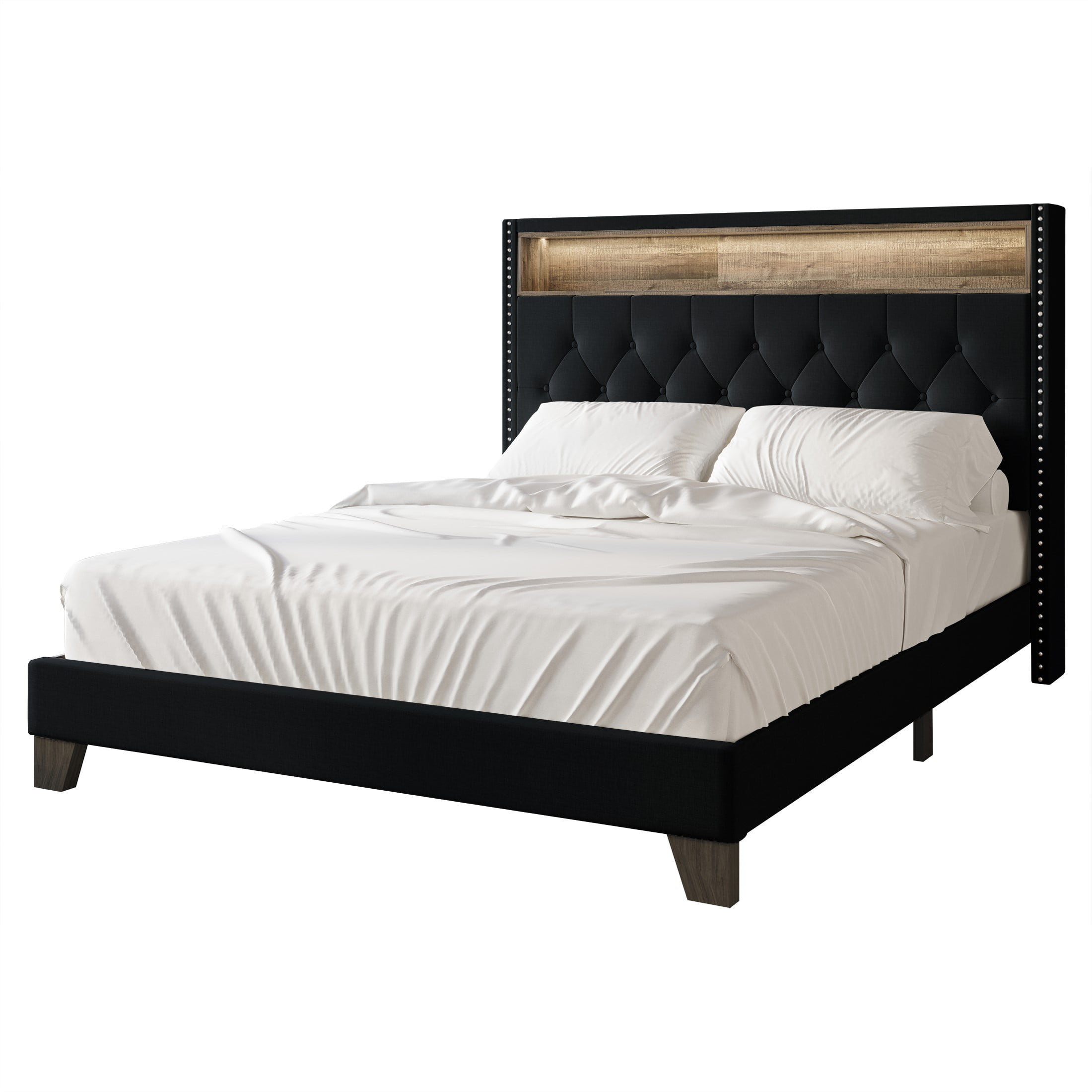 Castle Place LED Light Nailhead Trim Linen Upholstered Bookcase Bed, Charcoal Grey, King