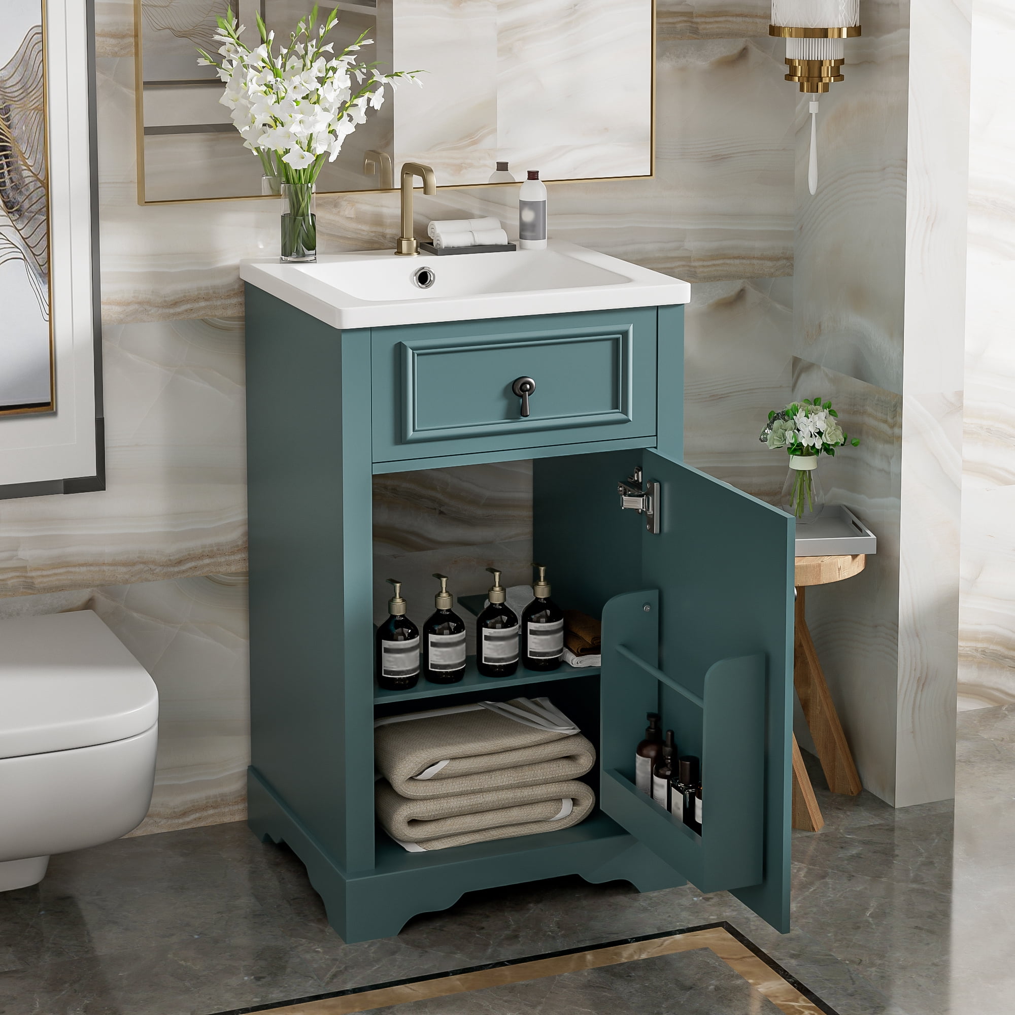 MAYEERTY 20" Bathroom Vanity - Ceramic Sink, Soft-Close Door, Adjustable Shelf, Door-Mounted Rack