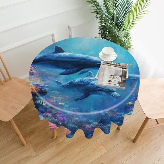 RKSupls 60 Inch Round Tablecloth, Dolphins Underwater Coral Premium Polyester Straight Edge Wrinkle Resistant Washable Table Cover for Party Home Dining Decor