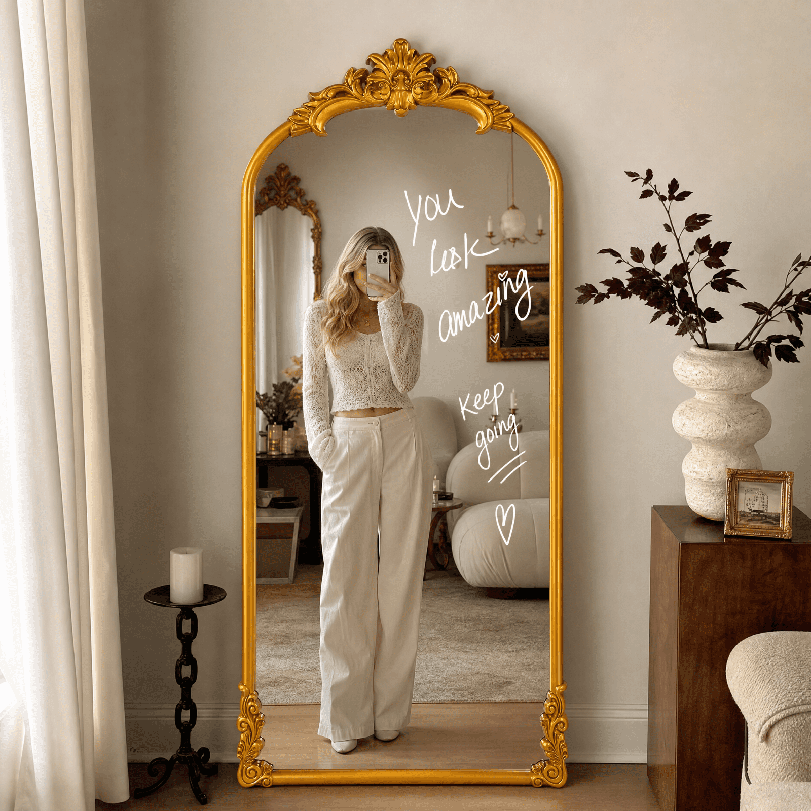 VORENTA 71"x32" Vintage Floor Mirror Arched Full Length Mirror Baroque Carved Wall Mounted Decor Traditional Ornate Mirror with Stand, Gold