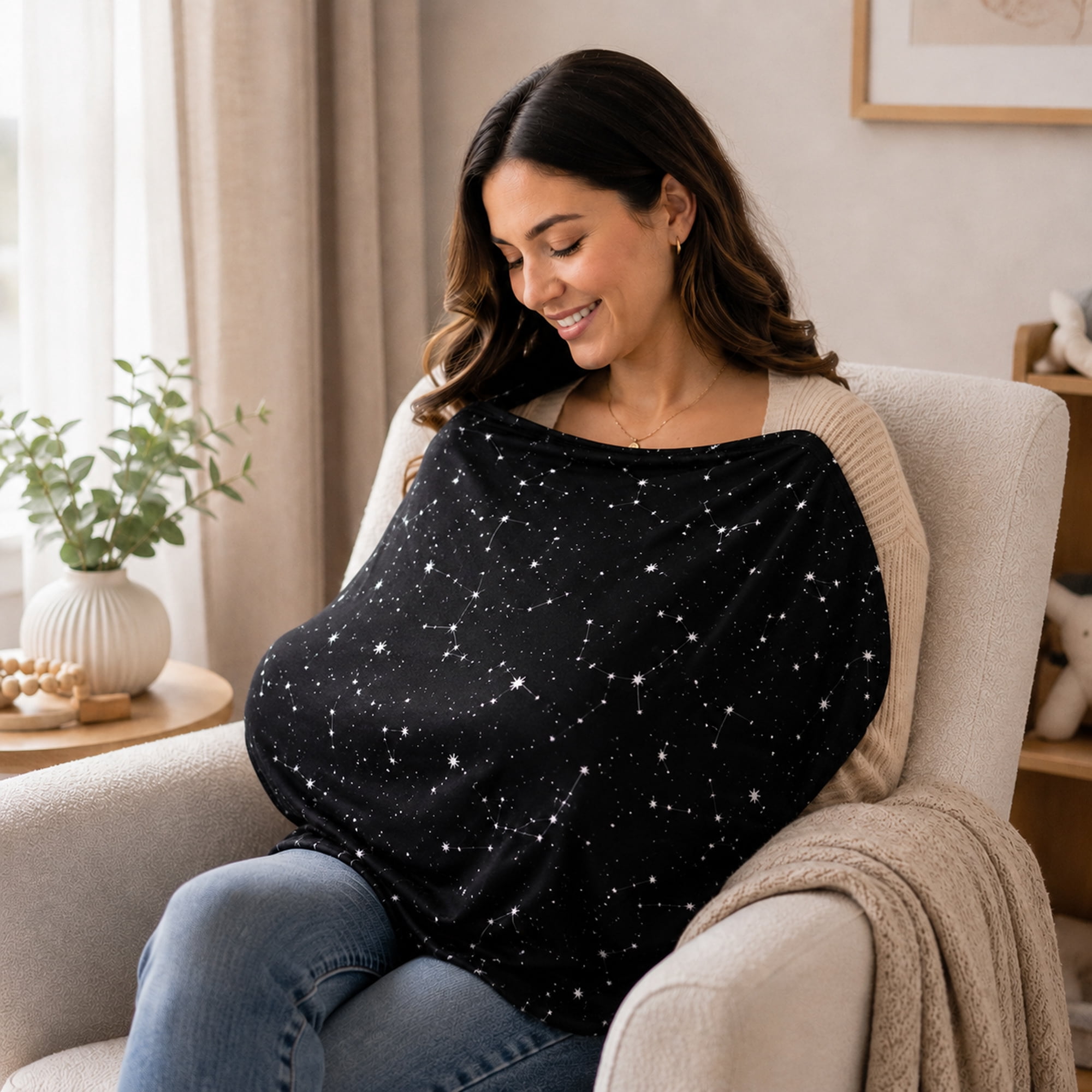 Baby Car Seat Cover & Nursing Cover, Stretchy 5-in-1 Breastfeeding Canopy with Carry Pouch, Black Constellation