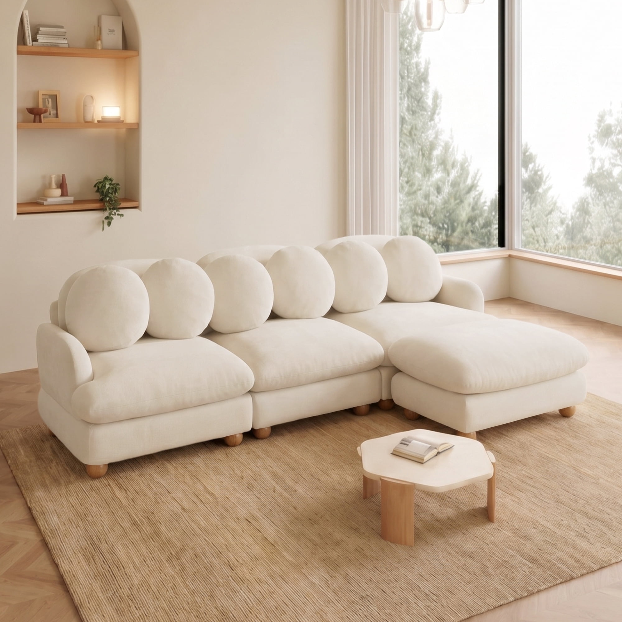 95" L-shaped 4 Seater Comfy Chenille Modular Sectional Sofa Couch with 6 Throw Pillows and Ottoman