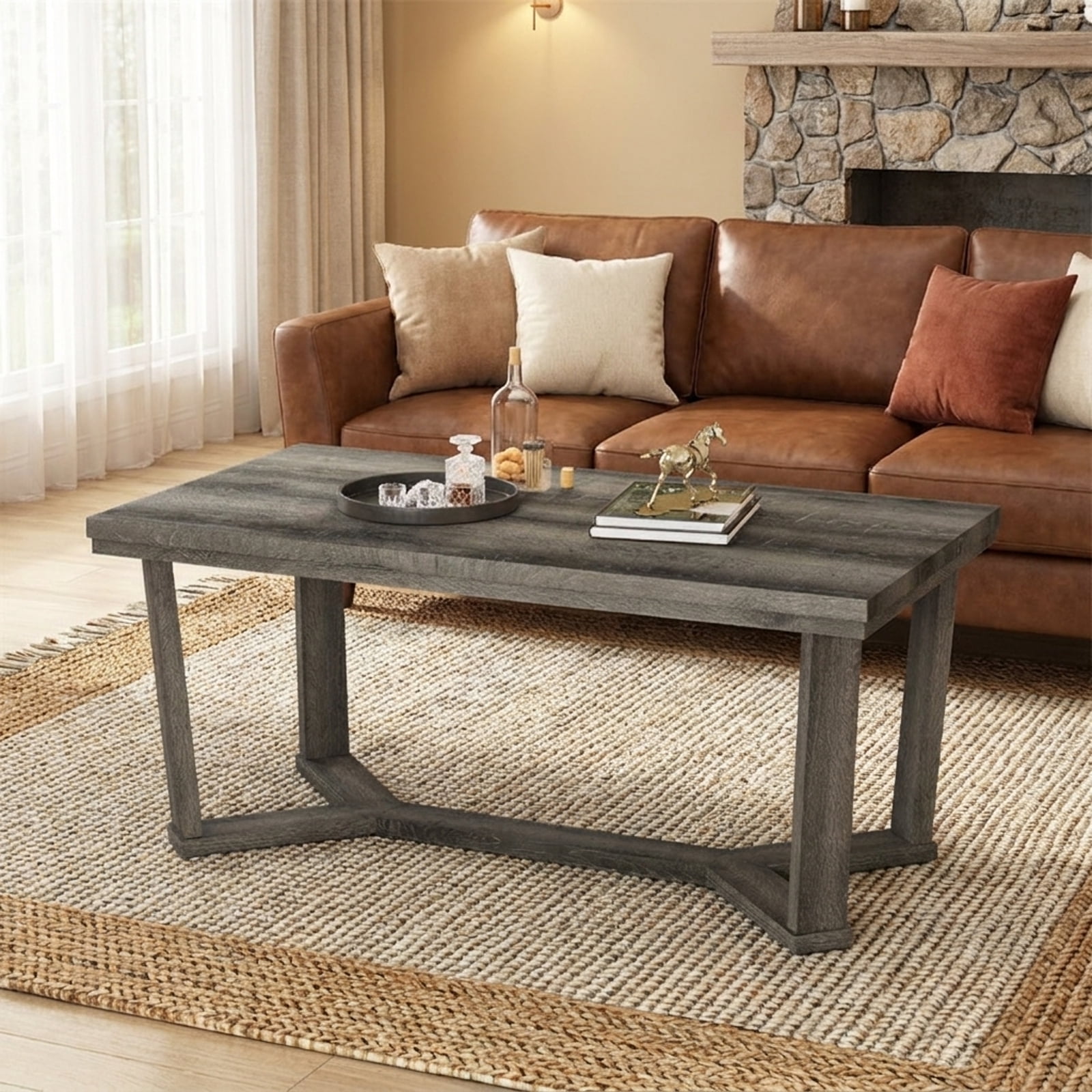 Furnibear Rectangle Coffee Table Rubber Wood Base with Cross-Shaped Base - Gray - Living Room Cocktail Center Table