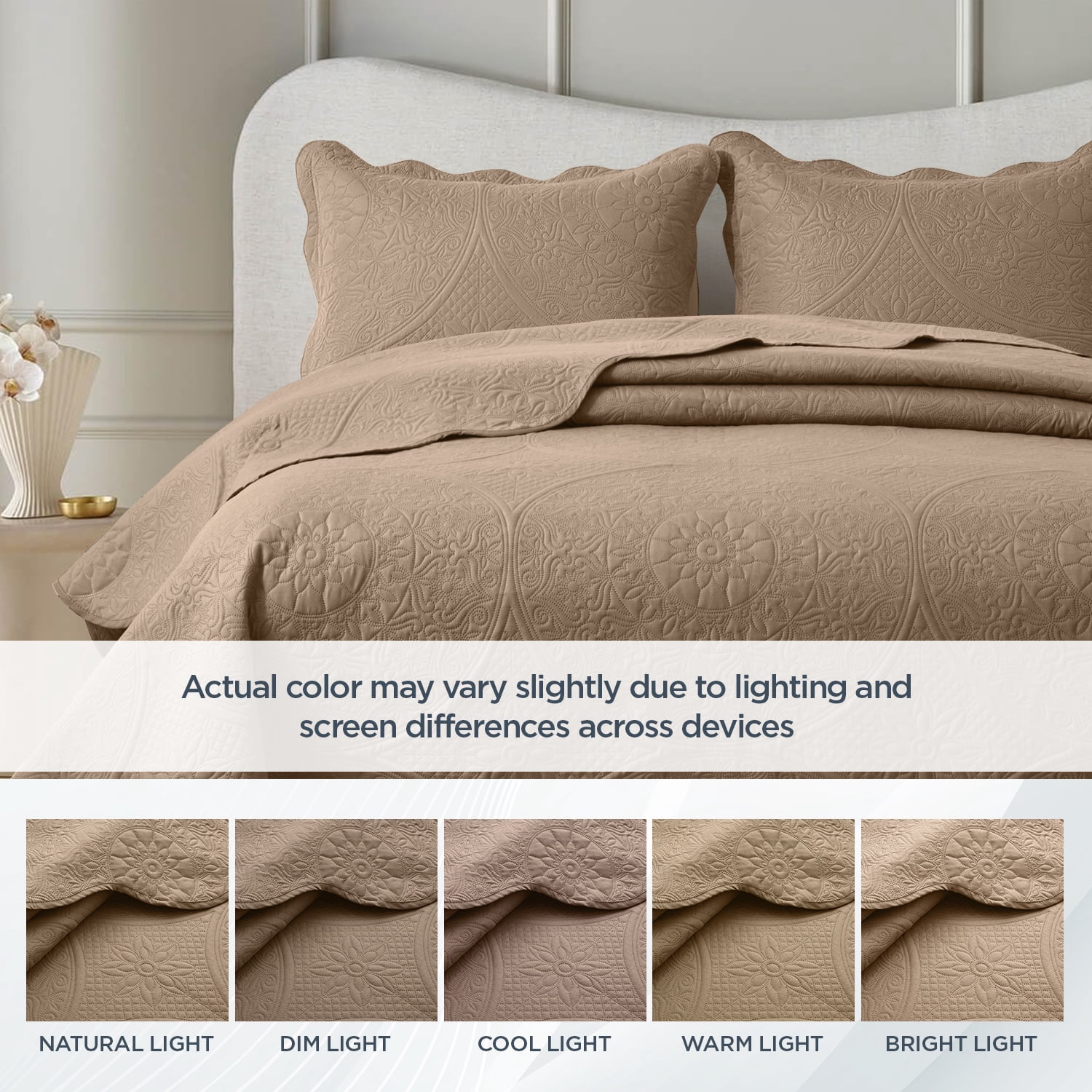 Moonlight20015 2 Piece Quilt Set Lightweight Microfiber Bedspread Modern Floral Embossing Beige Twin
