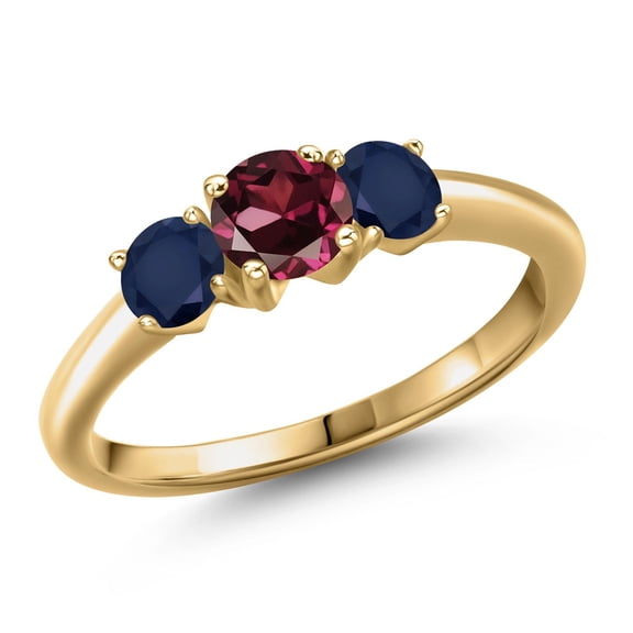 Gem Stone King 18K Yellow Gold Plated Silver Red Rhodolite Garnet and Blue Sapphire Engagement Ring for Women | 1.30 Cttw | Round 5MM | Gemstone January Birthstone | Size 8
