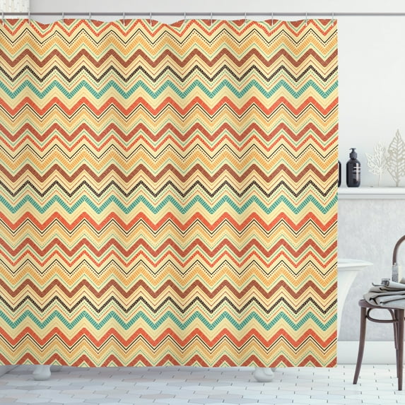 Aztec Shower Curtain, Earth Tones Ethnic Folk Chevron Retro Culture Hippie Bohemian Artistic Tribal Stripes, Fabric Bathroom Set with Hooks, 69W X 75L Inches Long, Multicolor, by Ambesonne