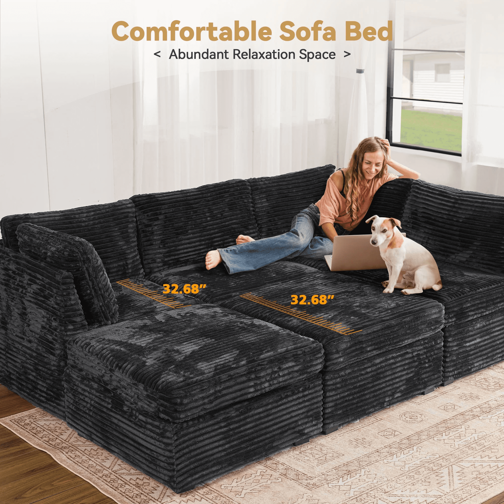 Vcatnet Ottoman for Modular Sectional Sofa Cloud Couch Corduroy L Shaped Oversized Modern Minimalist Couch with Deep Seat for Living Room, Black