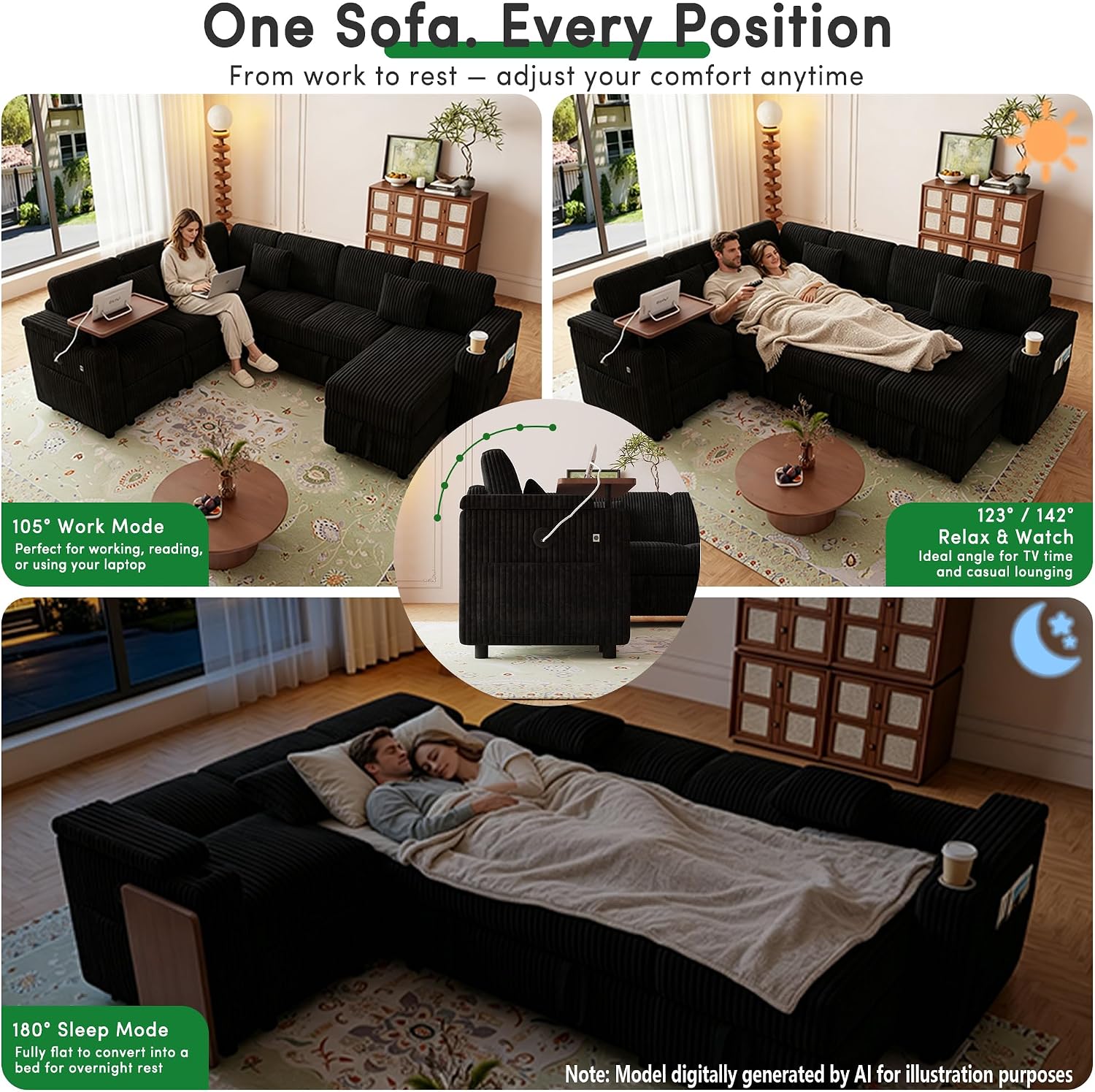 ShiKeyi 100'' Pull-out Sofa With USB ports, Table Board and Cup Holder, Comfortable Soft Cushioned Corduroy Fabric Sofa Bed, Extra-large U-shaped Combination Storage sofa bed, Black