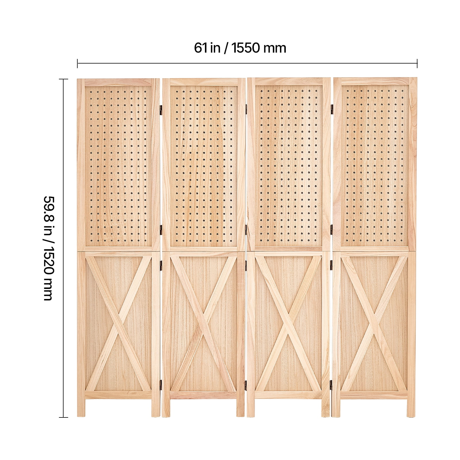 KFFKFF Wood Room Divider with 4 Panels, 59.8" Pegboard Folding Privacy Screen for Home Decor and Room Separation, Solid Frame with X Design, 360° Two-Way Hinges, Rustic Wooden Partition with Hardware