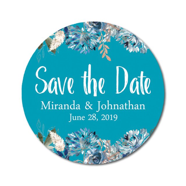 Darling Souvenir Round 45 Pcs Floral Border Save The Date Stickers Wedding Personalized Bride Groom Names And Date Envelope Seals - Turquosie