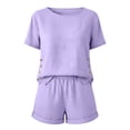 thumbnail image 4 of Mifsaly Two Piece Short Set for Women Side Buttons Summer Casual Vacation Matching Outfits Crewneck Top and High Waisted Shorts with Pockets Purple,XXXL, 4 of 7