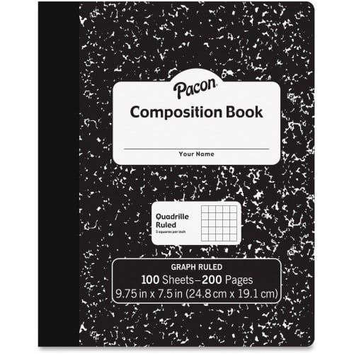 Pacon Composition Book 100 Sheets - 200 Pages - Quad Ruled - 0.20' Ruled - 9.8' x 7.5'0.1' - White Paper - Black Marble Cover - Durable, Hard Cover - 100 / Each