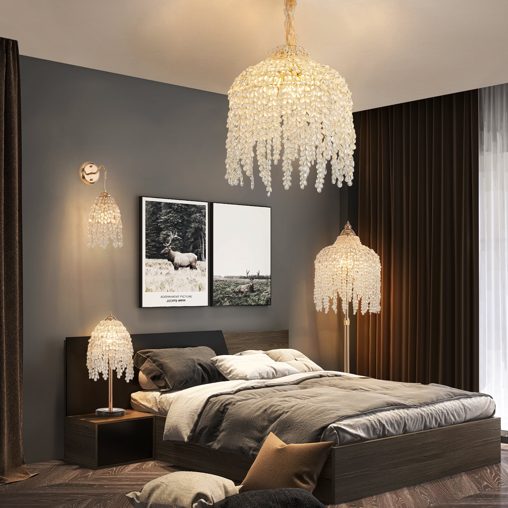 15.7 Inch Crystal Chandelier, Adjustable Height Pendant Light with Grape-Shaped Crystal Bead Strings, Modern Ceiling Hanging Lamp Fixture for Living Room, Bedroom, Dining Room