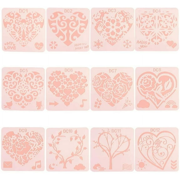 12pcs Heart Painting Stencils Plastic Reusable Drawing Rectangle Rose Stencil Leaves Flowers Love Words Laser Cut Painting Template for Crafting Valentine's Day Art Project Wedding DIYDIY