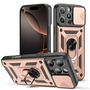 Elegant Choise Case with Screen Protectors for iPhone 16 Pro Max/16 Pro/16 Plus/16 Heavy Phone Cover with Ring Stand and Slide Camera Lens, Pink