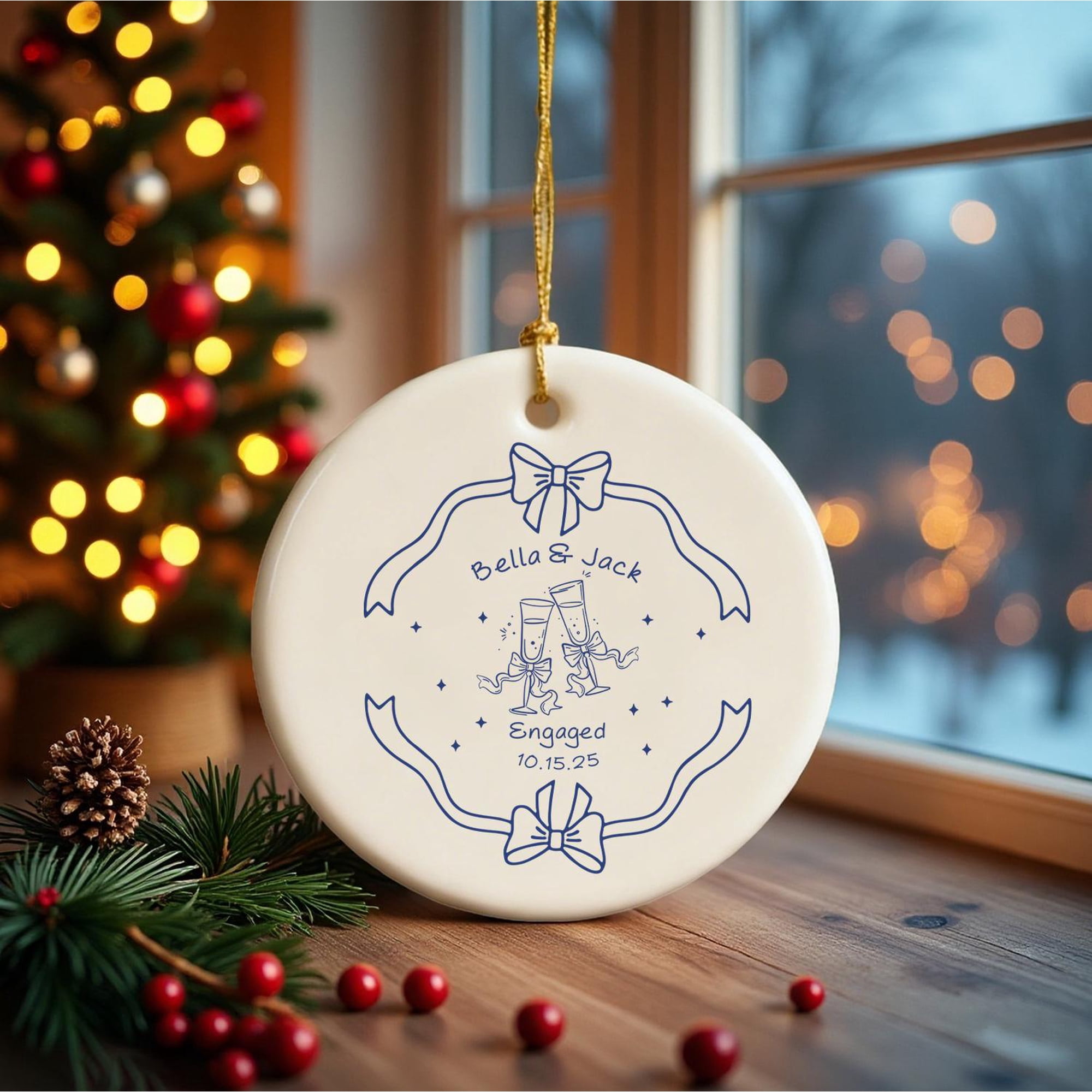 Personalized Couple Christmas Ceramic Ornament with Custom Names and Year, Holiday Keepsake Gift for Partners, Engaged or Married Couple