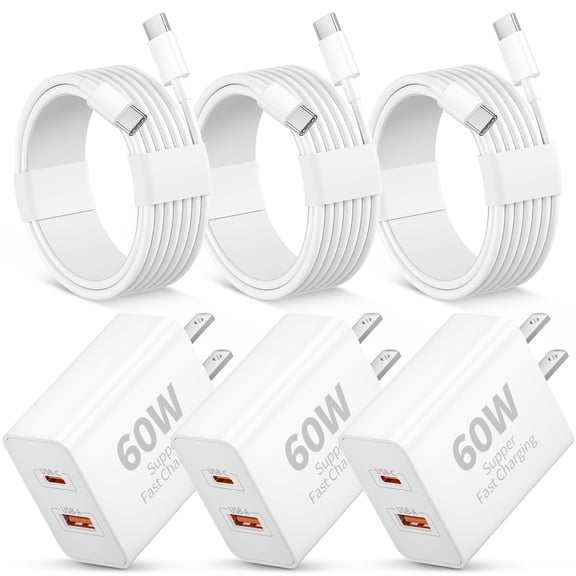 LujingZ 60W Super Fast Charging Dual - Port USB C Wall Charger, 3 - Pack with 6FT USB - C Cable, Compatible for iPhone 17/16/15 Series, iPad Pro 13/12.9/11