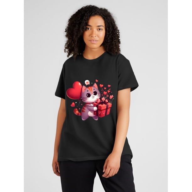 Women Valentine's Day Cute Cat Couple T Shirts Shirt Short Sleeves T Shirt Casual T Shirts Novelty Shirt Graphic Tees Clothes Top