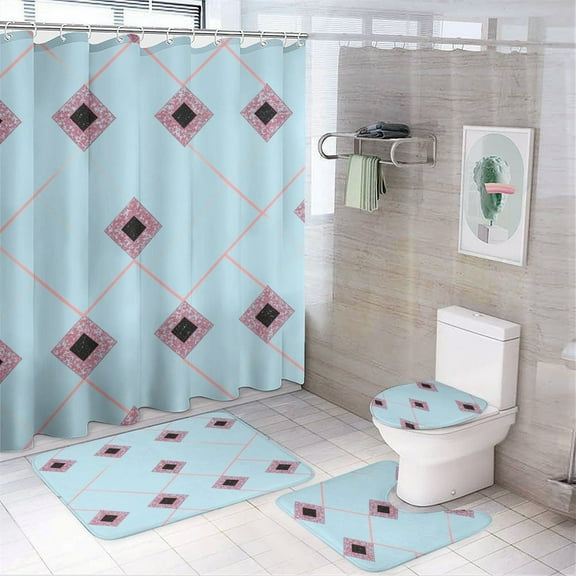 Pastel Blue Pink Diamond Pattern Shower Curtain Bathroom Sets Toilet Lid Rug, Rugs Mat Bath Mat And Contour Mat, Shower Curtain 4Pcs