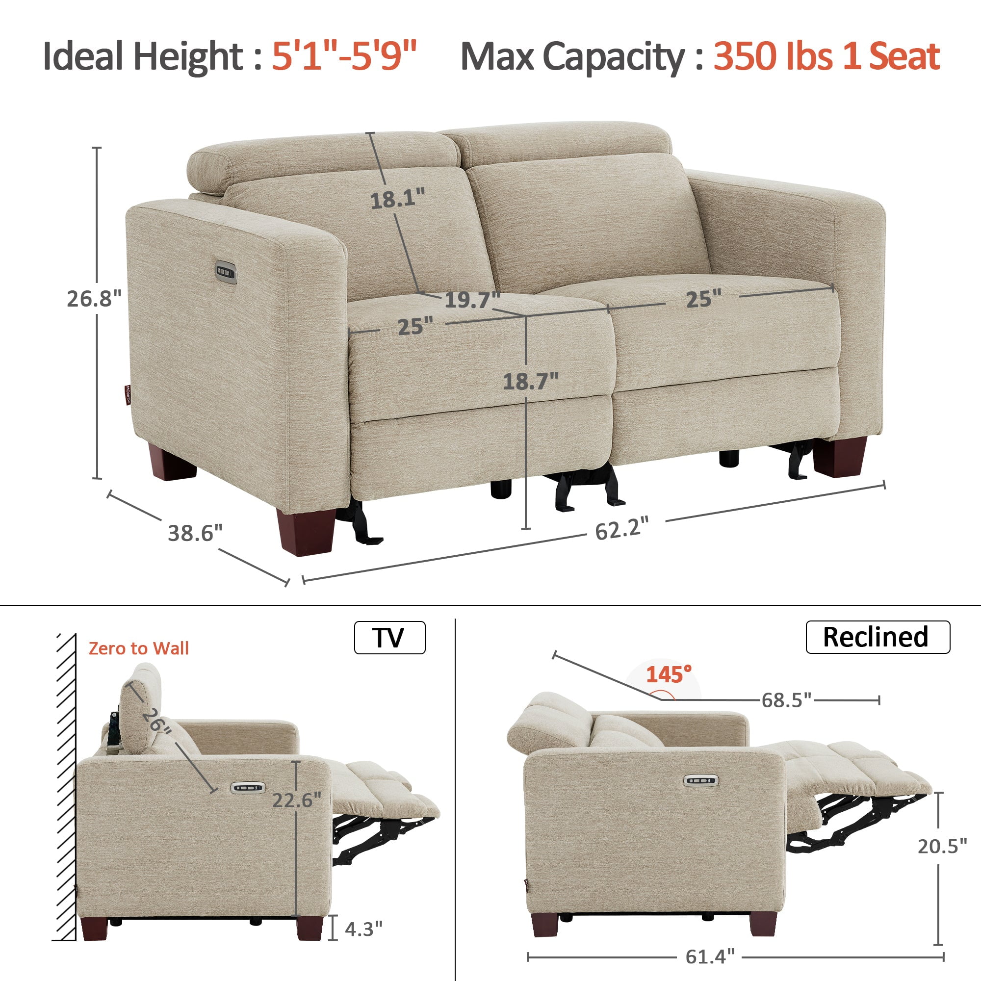 MCombo 62.2'' Wall Hugger Power Loveseat Recliner Sofa for Living Room, Office, Fabric, Beige