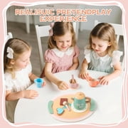 BUSY EDITION 16-Piece Wooden Tea Party Set for Toddlers 3-5 – Pretend Play Kitchen Accessories with Teapot, Cups, Coasters & Desserts