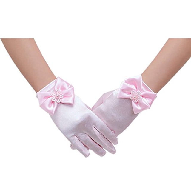 BRIGHTFUFU Guantes de niña de flores Guantes de malla cortos de encaje para boda (Rosa)