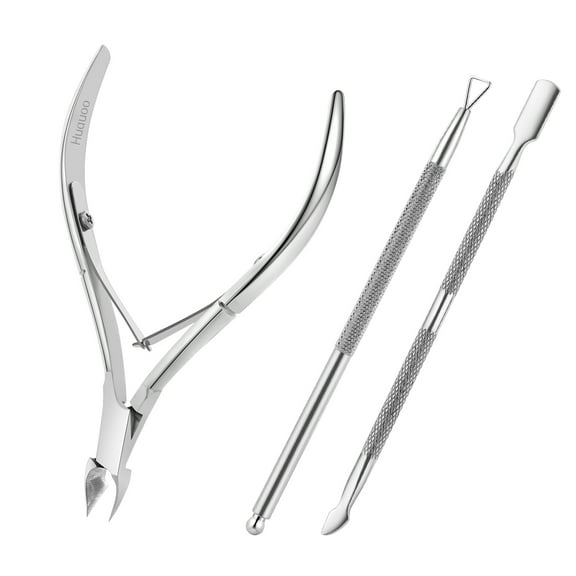 Huauoo 3-Piece Stainless Steel Cuticle Nipper Kit with Full Jaw Nipper, Pusher & Remover, Silver