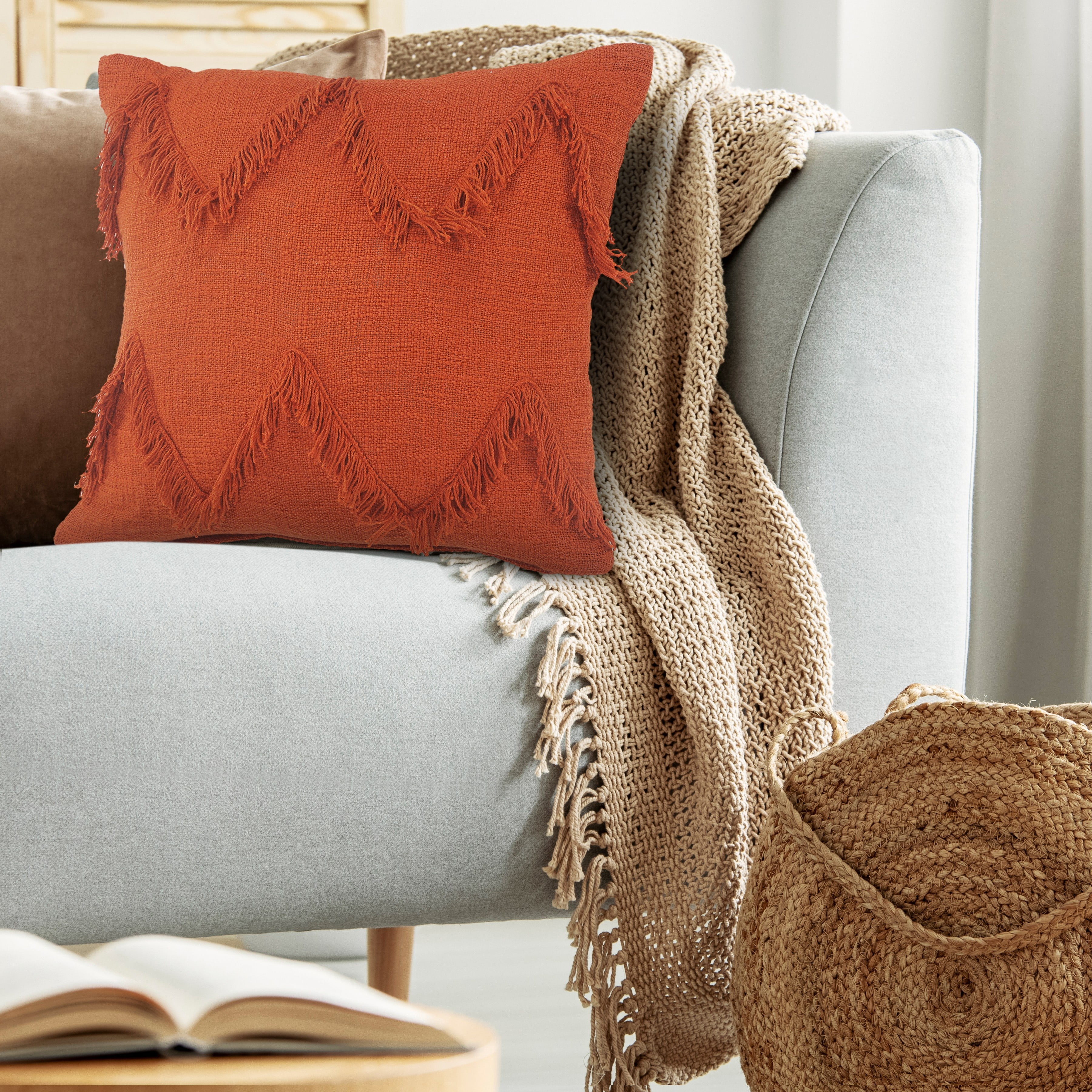 Ox Bay Avani Burnt Orange Solid Cotton Fringed Adult Decorative Throw Pillow