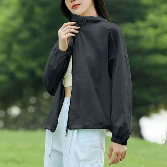 Qulqfy Lightweight Jackets Women Athletic Workout Black No Hood Sun Protection Jackets Women's Zip Up Tops L