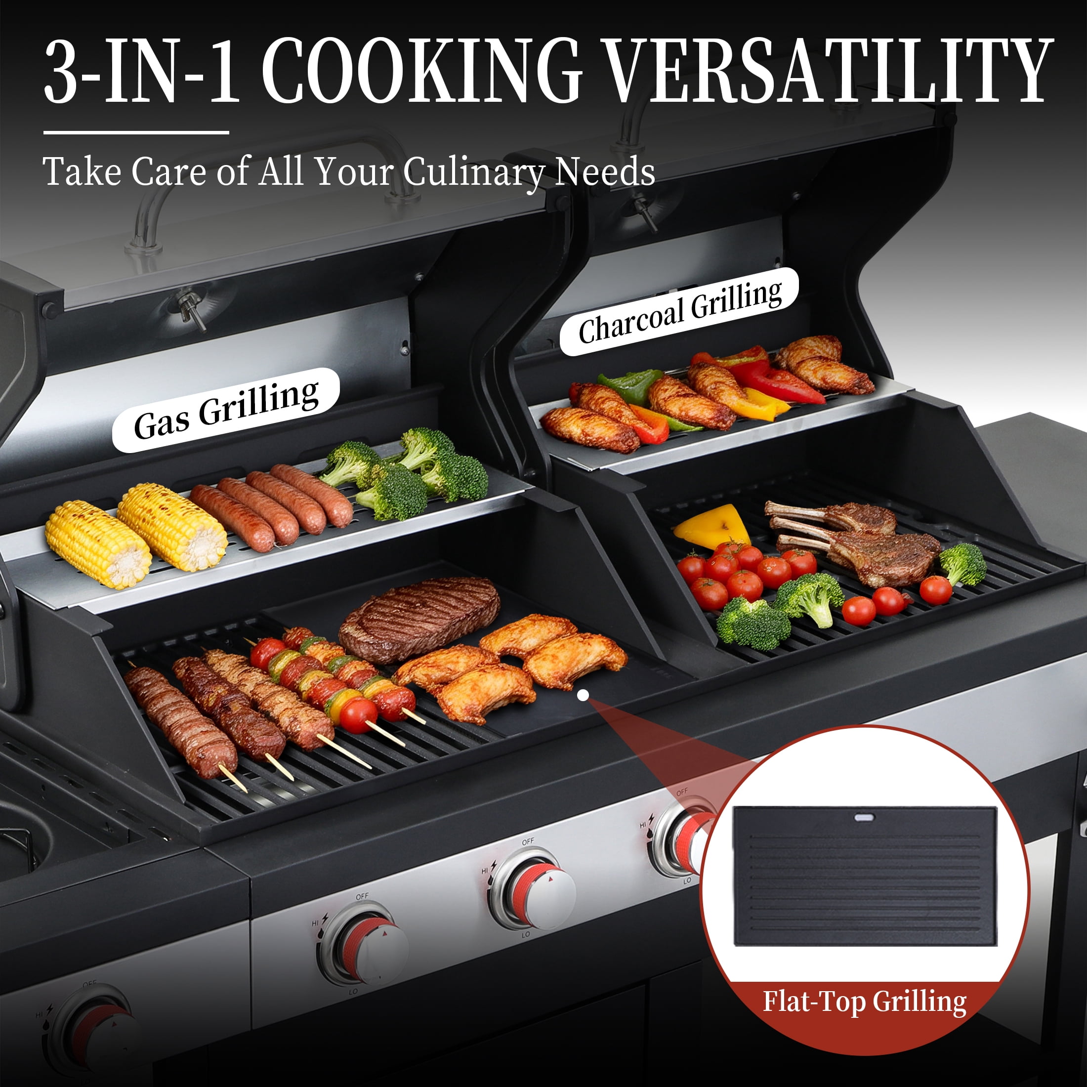 CIG GARDEN 3 Burner Propane Gas and Charcoal Grill Combo with Side Burner,41,500 BTU Dual Fuel Bbq with Dual Lids for Outdoor Barbecue