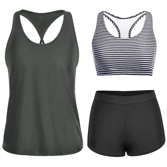 Tankini Sets for Women Built-in Padded Cups Striped Inner Layer 2 Piece Bathing Suits with Boyshorts Tummy Control Athletic Swimsuits Modest Coverage Swimwear