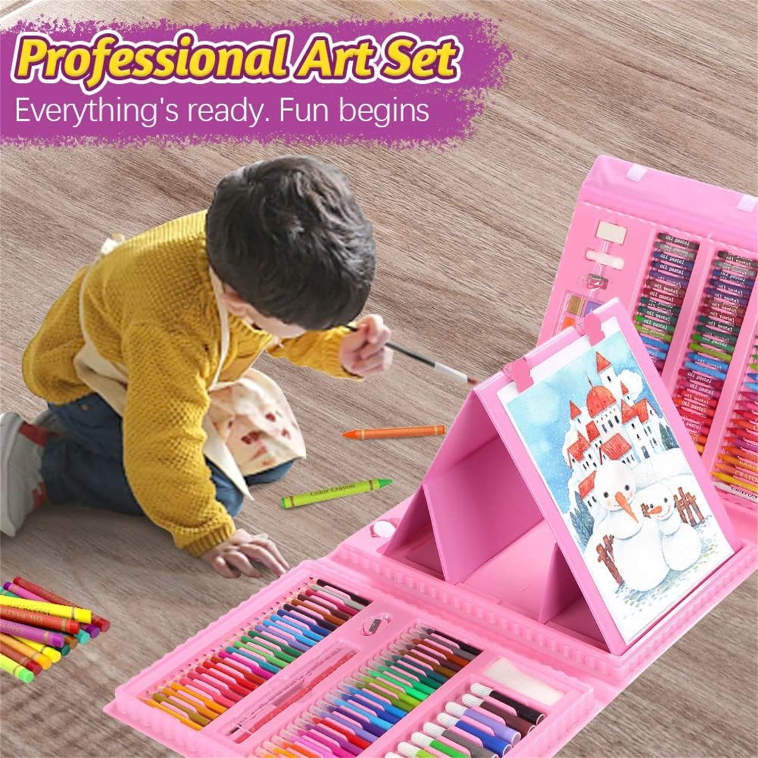208 Pcs Art Supplies Kid's Drawing Art Kit Painting Art Set Crafts Case for Girls Boys Artist Gift Box with Trifold Easel, Includes Oil Pastels Crayons Colored Pencils Watercolor Pens Markers(Pink)