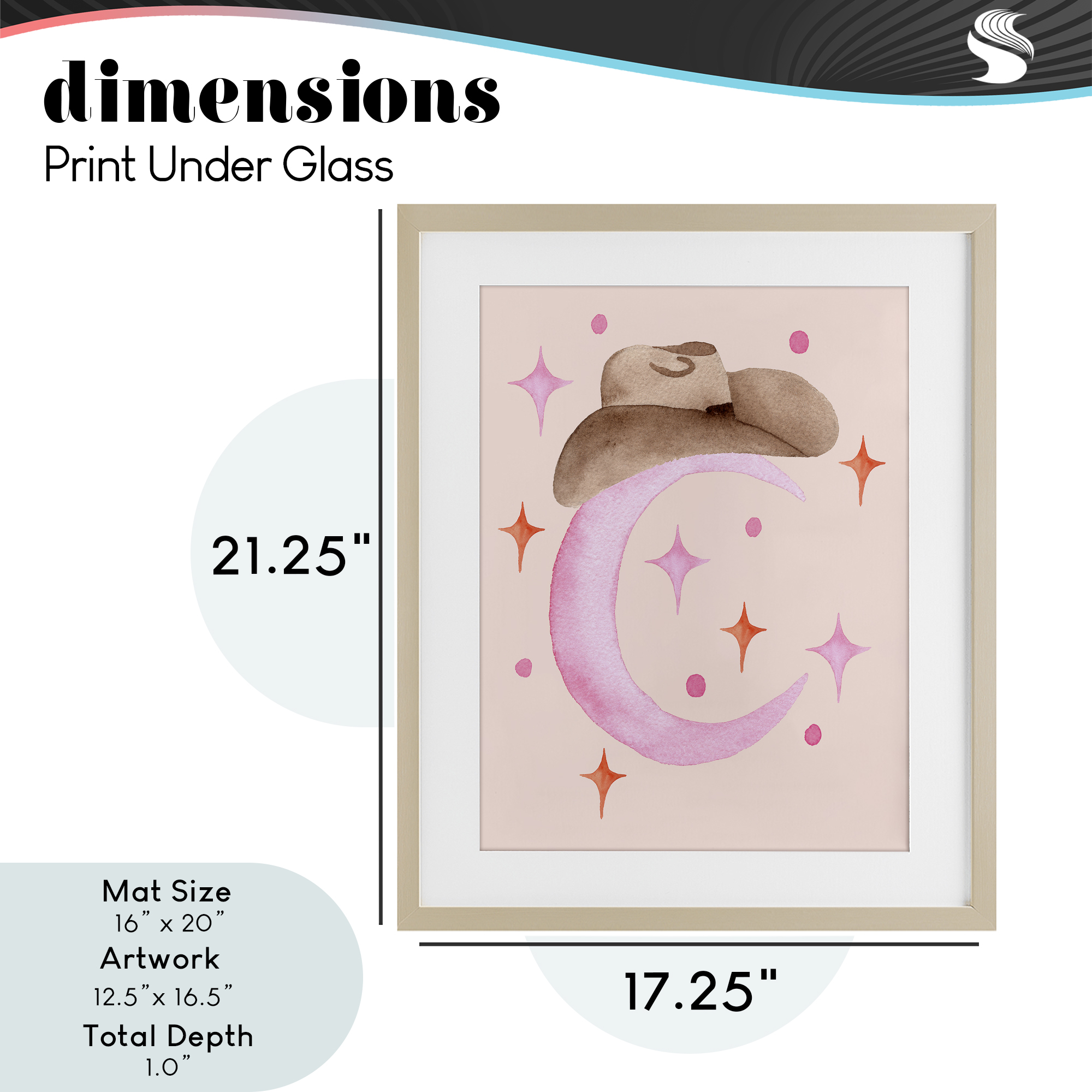 Moon Cowgirl Hat Birch Framed Print Under Glass, design by Nina Jacobs