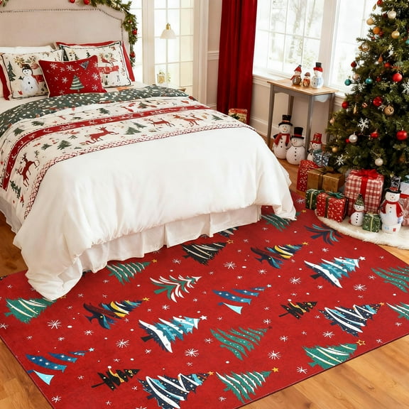 Christmas Area Rug 5x7 Non-Slip - Washable Holiday Tree Pattern Living Room Rug with Anti-Skid Backing for Entryway Bedroom Decor Indoor Festive Floor Mat