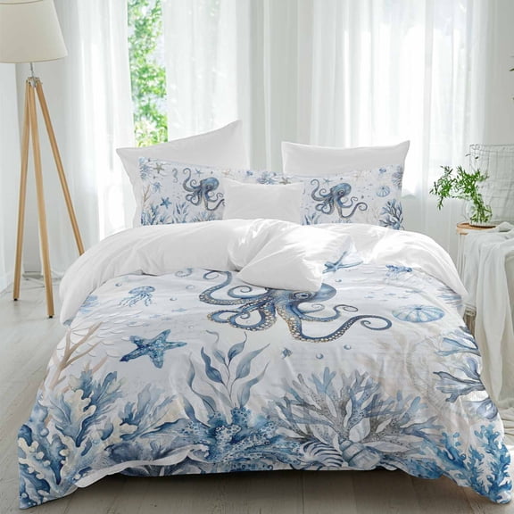 Queen 4 Piece Bedding Set Blue Octopus Coral Shells Starfish Conch Soft Breathable Duvet Cover and Pillowcase, Vintage Marine Life Duvet Cover Set Bed Sheets for Bedroom Dormitory Guest Room