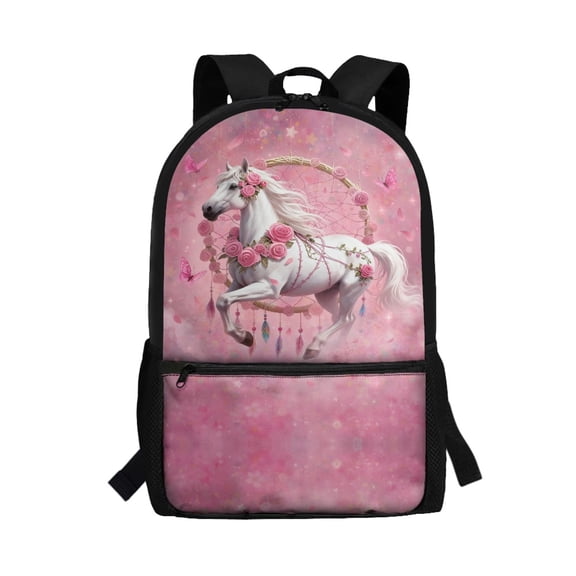 Uourmeti Pink Floral Horse Dreamcatcher Side Pockets Backpack for Travel Daily Use, Durable School Backpack Large Capacity Student Bookbag