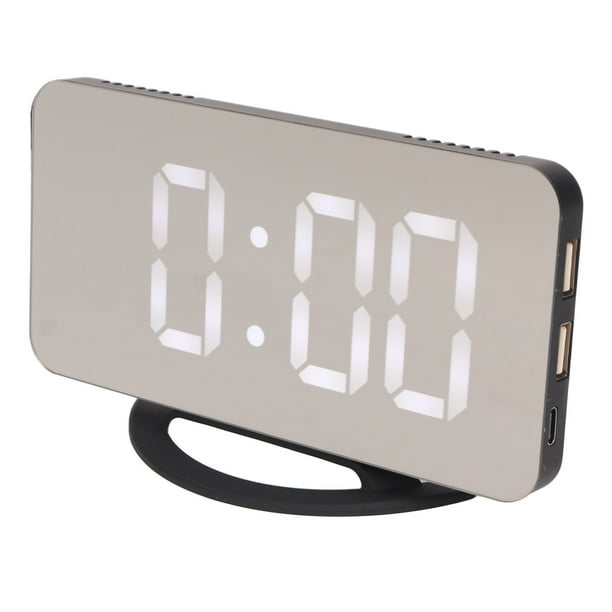 Reloj despertador Salida USB dual 3 niveles Brillo Detección de luz Tiempo Pantalla de temperatura Reloj despertador con espejo LED Carcasa negra con letras blancas