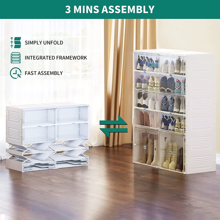 YITAHOME Shoe Storage Organizer, Foldable Shoe Box with Doors, 2-16 Grid  Stackable Transparent Shoe Cabinet Installation-Free for Hallway, Living