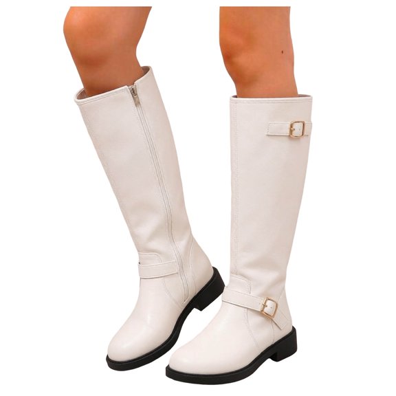 HEWUQI Women's Knee High Boots Leather Round Toe Adjustable Buckles Strap Winter Shoes Side Zipper Fall Flat Motorcycle Booties White Size 9.5