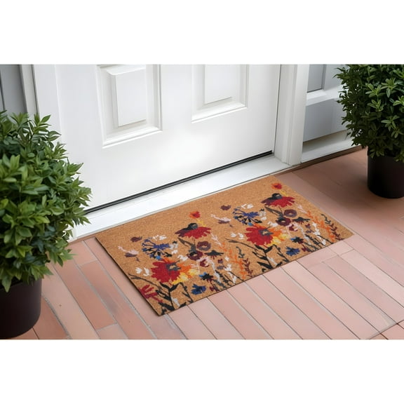 24" X 36" Natural Red and Yellow Coir Floral Outdoor Door Mat