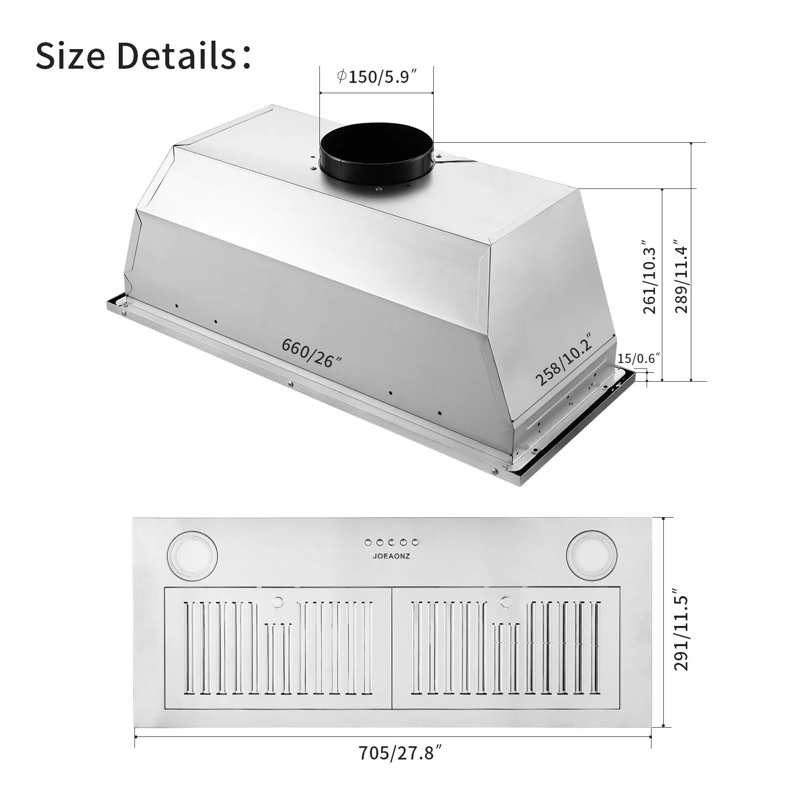 Range Hood 30 inch Insert Vent Hood 600 CFM Built-in Stainless Steel Range Hood Powerful Exhaust Vent Fan
