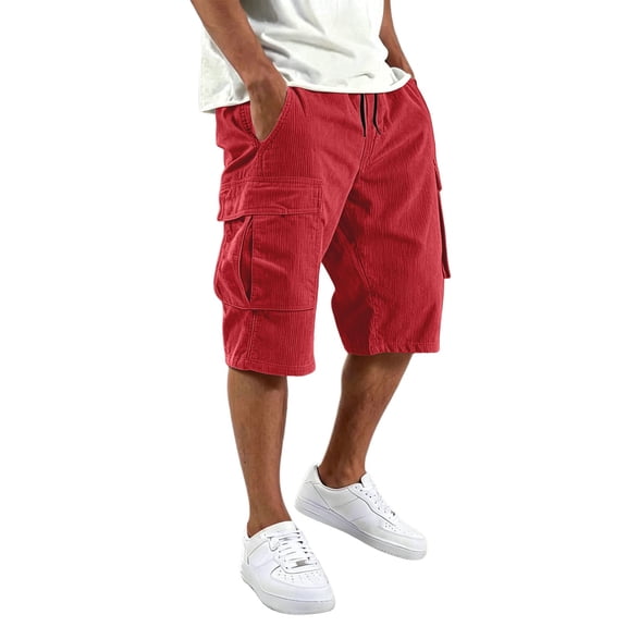 IWRICH Cargo Shorts for Men Casual Corduroy Classic Bermuda Shorts with Pockets Drawstring Comfort Big and Tall Pants Red