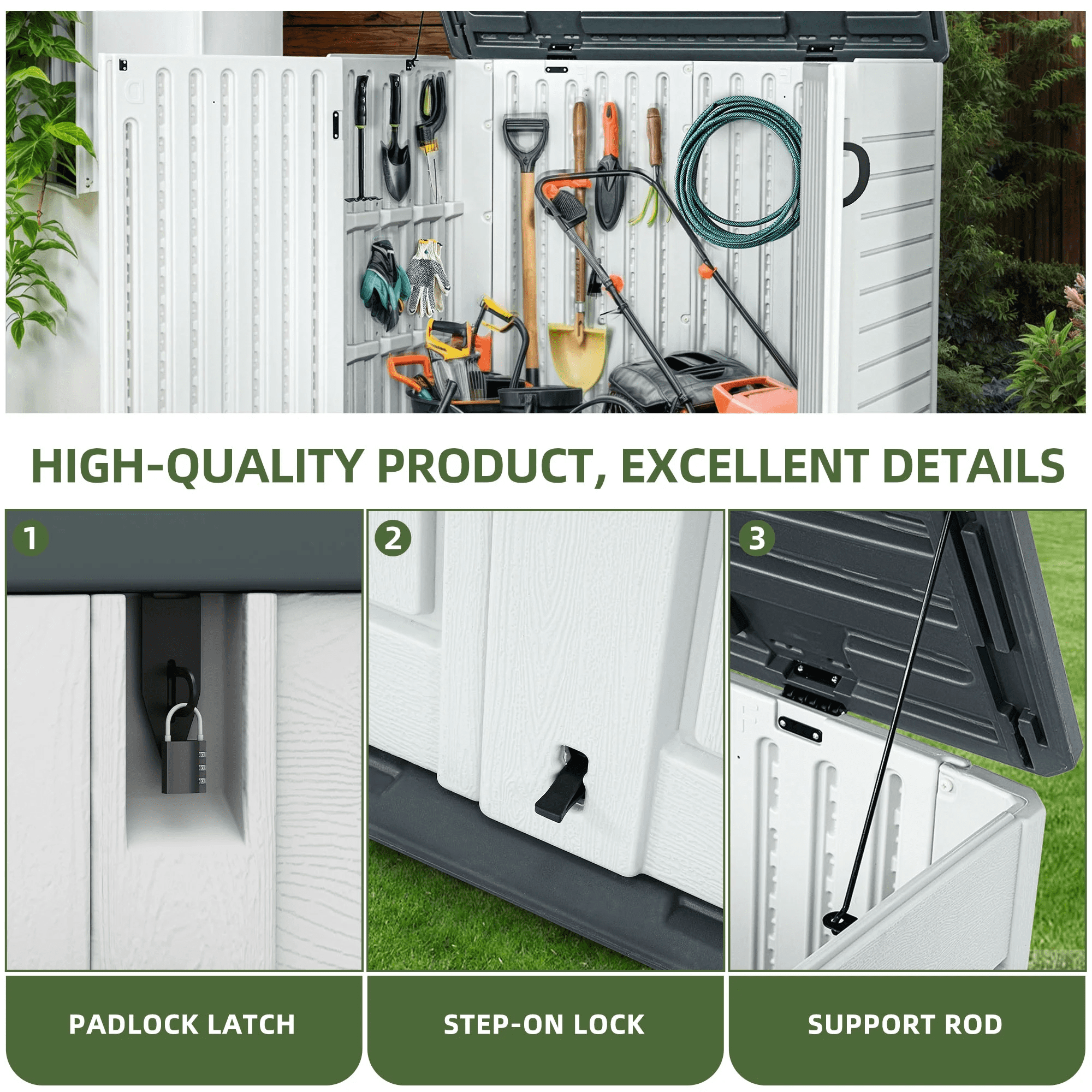 Uforic Outdoor Horizontal Storage Shed with X-Shaped Lockable Door, 35 Cu Ft Weather Resistant Resin Tool Shed, Light Gray