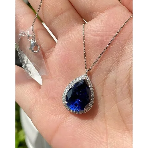 3TCW Pear Cut Lab Created Blue Sapphire Women's Pretty Halo Pendant 14k White Gold Plated