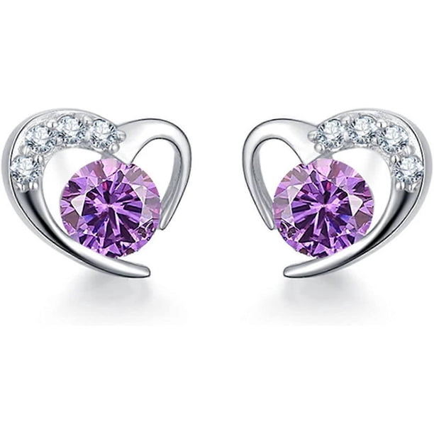 Silver Stud Earrings for Women, Sterling Silver Stud Earrings White Gold Purple Cubic Zirconia Heart Studs Dainty Earrings Jewellery Gifts for Girls
