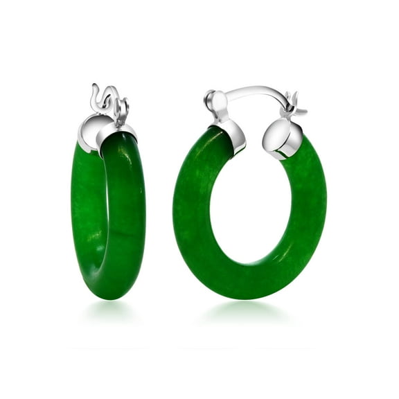 Gem Stone King Green Jade Hoop Earrings | 925 Sterling Silver | 1/2 inch Diameter | Classic Hoop Earrings With Hinge and Notched Post