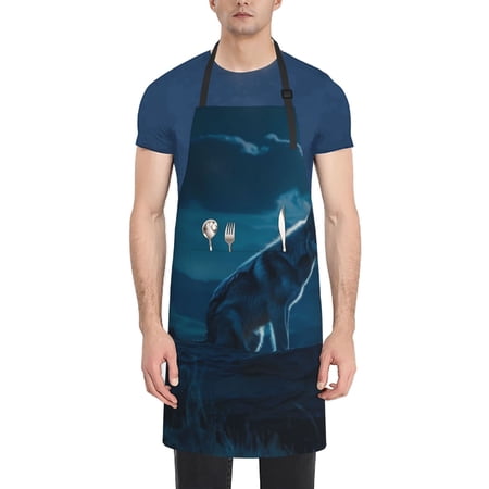 Xecao Lonely Night Wolf Print Kitchen Cooking Aprons Waterproof Adjustable Bib Aprons with 2 Pockets for Women Men Chef